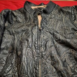 Vintage Rocawear Black Leather Jacket with Gold Stitching